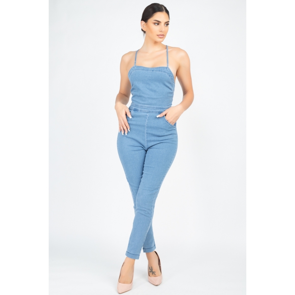Crisscross Denim Jumpsuit